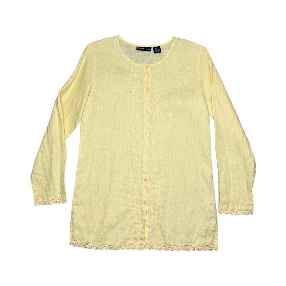 Butter Yellow 100% Linen Pintuck Crochet Lace Trim Tunic Shirt Size 4